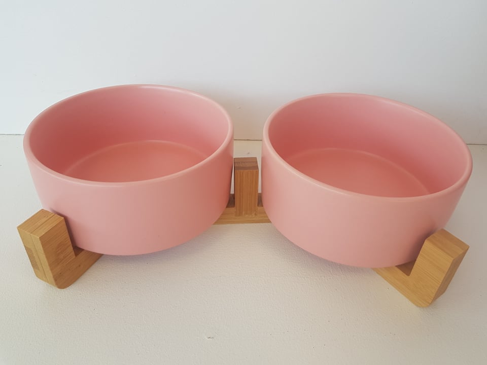 CatzWalk duo eetpot met houten staander roze